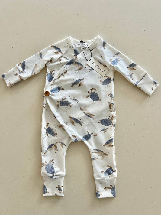 Button Romper- Ocean Turtle